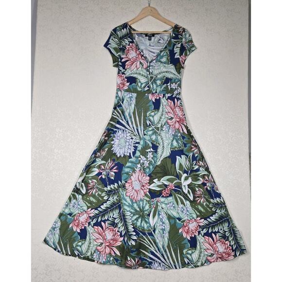 Chaps Maxi Dress sz M Green Blue Multi Floral 100% Cotton Knit V Neck Tropical - Picture 5 of 12